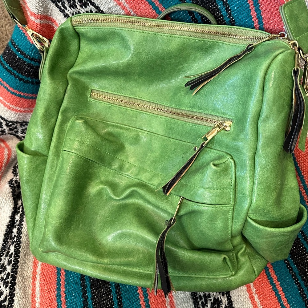 Green faux leather backpack bag with guitar strap shoulder strap, large bag